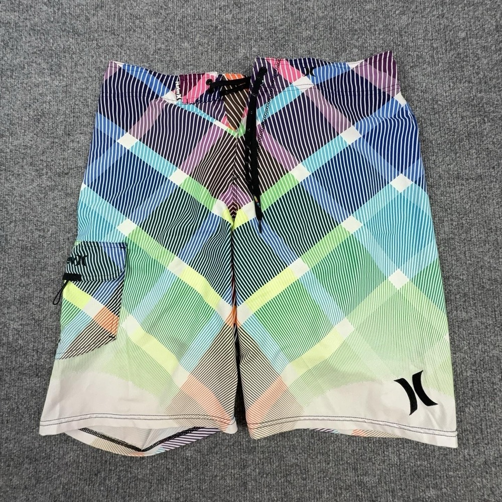 Hurley Swim Trunks Mens 34 Multicolor Plaid Board Shorts Drawstring Quick Dry